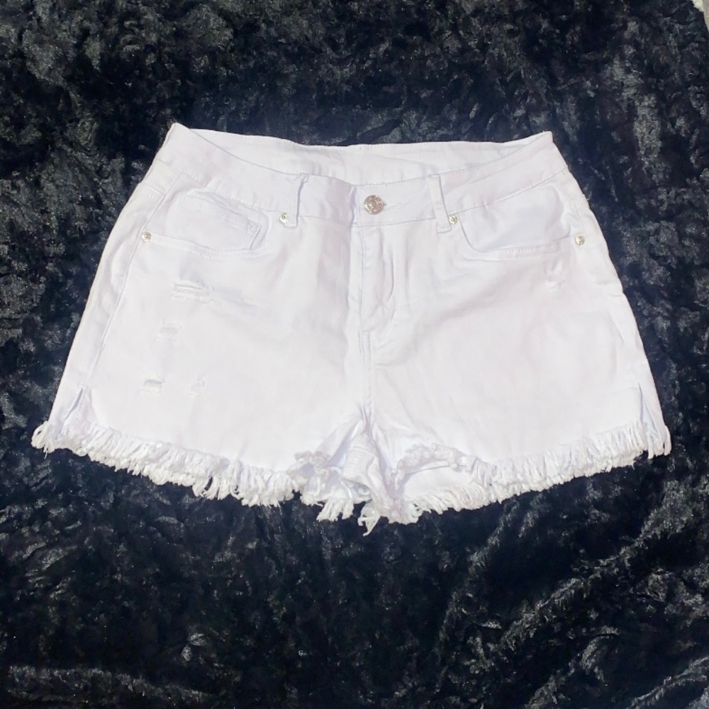 Mid Rise White Denim Distressed Shorts